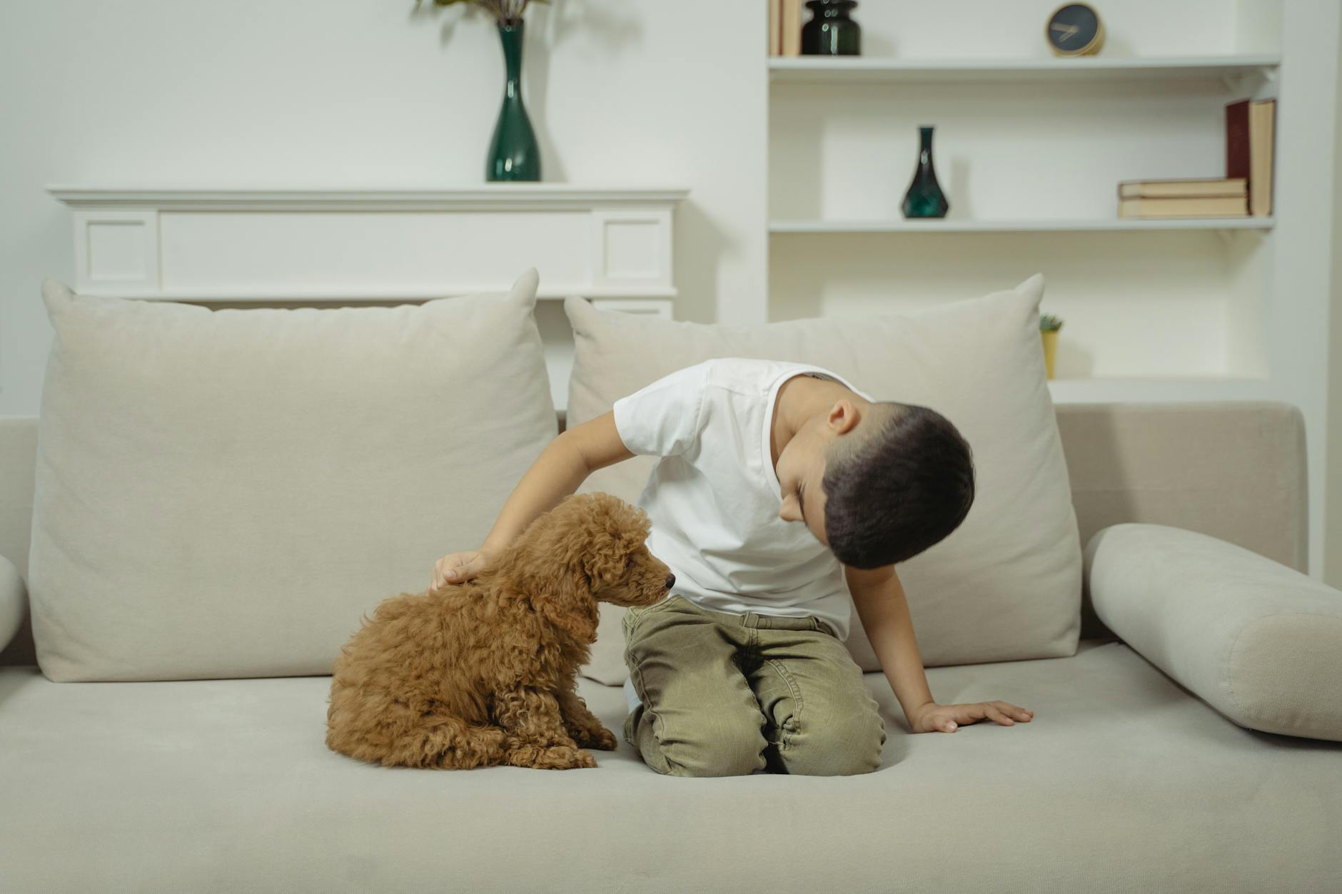 a boy holding a dog on a couch